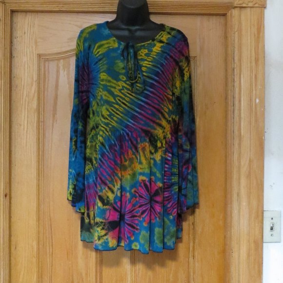 Tie Dye Mini dress or Blouse long bell sleeves - Picture 5 of 16